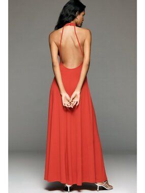 By Anthropologie Halter Maxi Occasion Dress Red Sexy Low Open Back 2XL